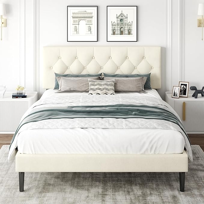 CXVX Full Size Platform Bed Frame with Upholstered Headboard, Button Tufted Design, Strong Wooden Slats, No Box Spring Needed, Easy Assembly, Noise Free