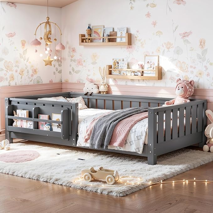 Bellemave Twin Size Kids Montessori Bed with Bookshelf,Solid Wood Twin Floor Bed Frame with Fence and Slats for Girls Boys,Low-Profile,Gray