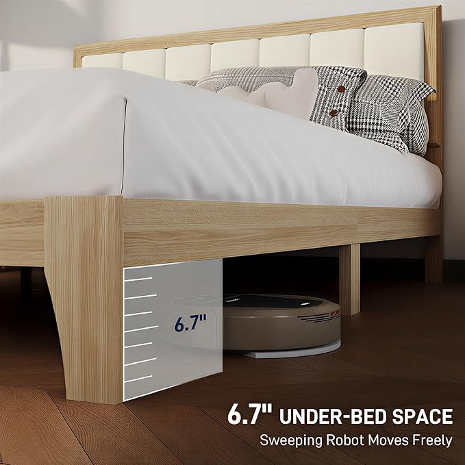 HOMCOM Queen Size Bed Frame with Upholstered Headboard, Platform Bed Frame with Wooden Slats, No Box Spring Needed, Easy Assembly, Natural