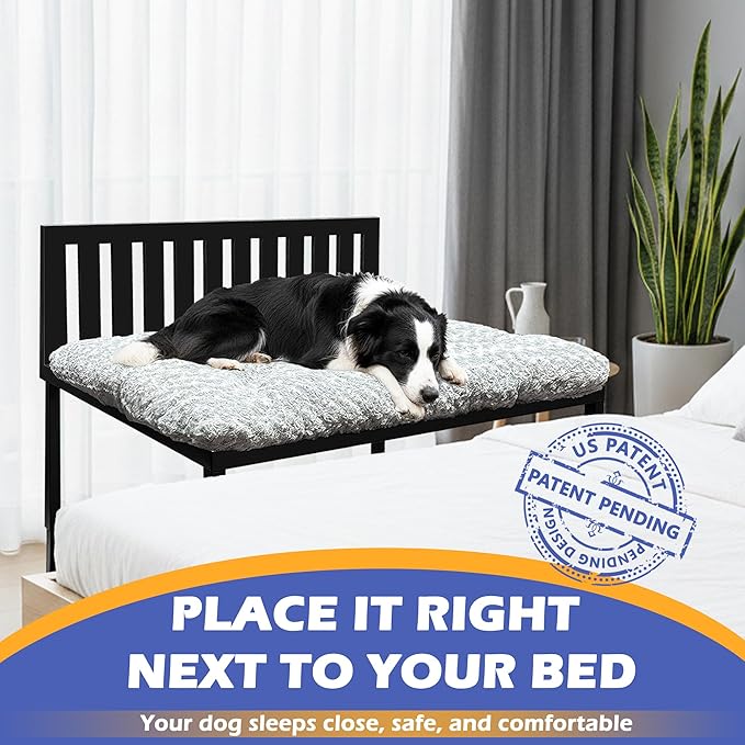 Heavy Duty Dog Bunk Bed, Adjustable Height Metal Dog Bed Frame with Wooden Side Panels & Washable Cushions, Elevated Raised Pet Bed for Large Dogs, 40.5''x28.5''
