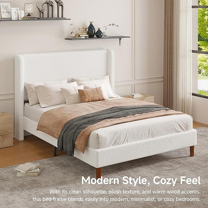 Full Boucle Upholstered Platform Bed Frame with Adjustable Wingback Headboard, Cloud Bed with Solid Wood Legs, No Box Spring Needed, Easy Assembly, White