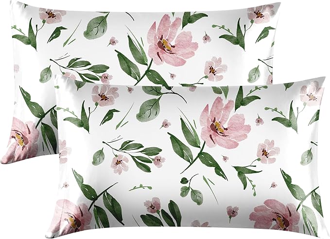 EXQ Home Satin Pillowcase for Hair and Skin King - Printed Pink Bloom Silk Pillowcase 2 Pack 20x40 inches - Satin Pillow Cases Set of 2 with Envelope Closure, Gifts for Women Men