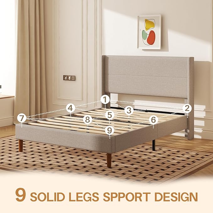 Full Size Bed Frame, Linen Upholstered Platform with Wingback Headboard, Wooden Slats Support, No Box Spring Needed, Easy Assembly, Beige