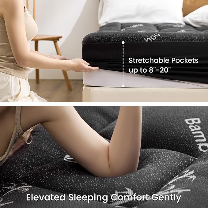 Love's cabin Queen Mattress Topper Viscose Derived from Bamboo, Thick Pillow Top Mattress Pad with Stretchable Pockets for 8"-20" Mattress, Breathable Cooling Mattress Topper for Hot Sleepers, Black