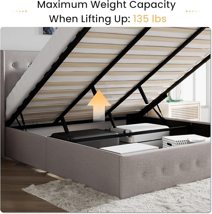 SHA CERLIN King Size Lift Up Storage Bed Frame,Button Tufted Wingback Headboard,Upholstered Platform,Hydraulic Storage,Wooden Slat Support,No Box Spring,Light Beige