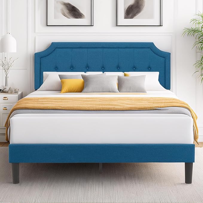 VECELO Full Size Platform Bed Frame with Fabric Upholstered Headboard and Wooden Slats Support, No Box Spring Needed/Easy Assembly,Blue