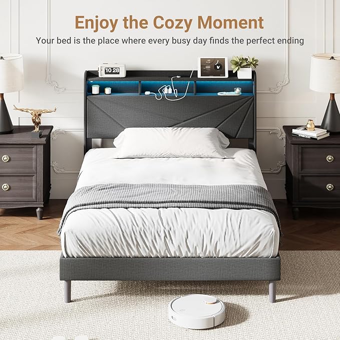 COLAMY Full Size Bed Frame with Charging Station & LED Lights, Upholstered Headboard with 2-Tier Storage, Heavy Duty Metal Platform Bed with Wood Slats, No Box Spring, Noise-Free, Easy Assembly, Grey