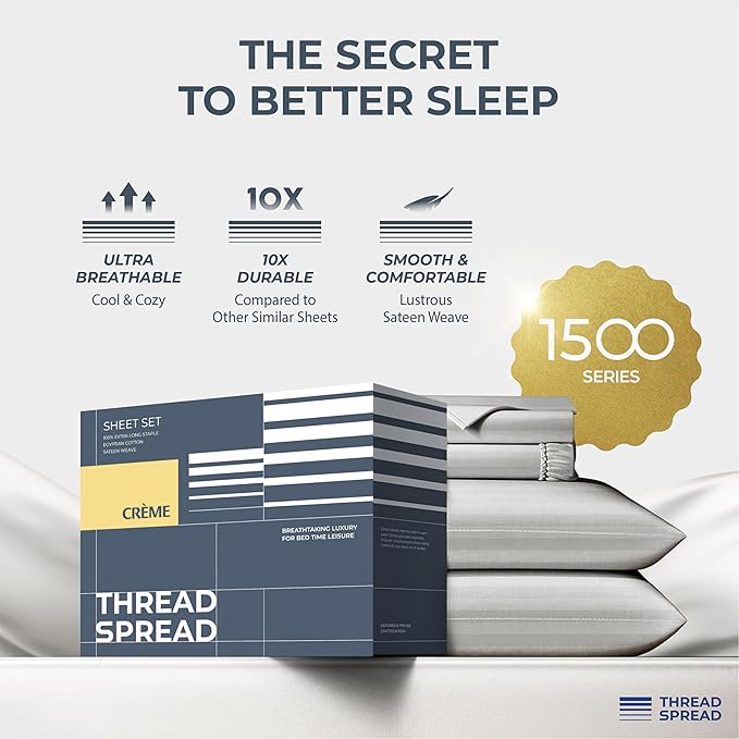 THREAD SPREAD 100% Egyptian Cotton Damask Sheets Queen Size - Luxury 1500 Series Queen Sheet Set Egyptian Cotton (4 PC, Silver Stripe), Soft, Sateen, Cooling & Breathable, 17" Deep Pocket Bed Set