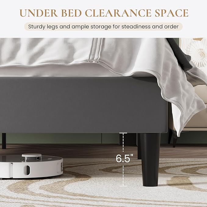 SHA CERLIN King Size Bed Frame with Charging Station, Velvet Upholstered Platform Bed, Wingback Storage Headboard, Type-C & USB Ports, Strong Wooden Slats, No Box Spring Needed, Easy Assembly, Grey