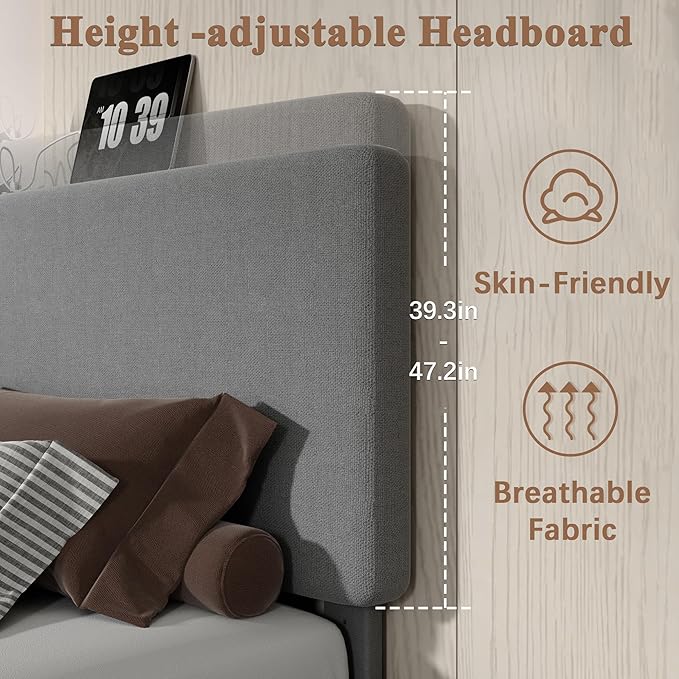 VECELO Queen Bed Frame with Type-C & USB Ports, Upholstered Platform Height-Adjustable Cotton and Linen Headboard,No Box Spring Needed,Noise-Free,Easy Assembly, Dark Gery