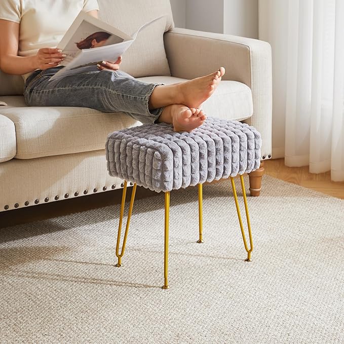 IBUYKE Rectangular Footrest Stool Ottoman, Makeup Vanity Stool Side Table, Velvet Dressing Table Seat, Footstool Chair, Golden Steel Legs, for Makeup Room, Bedroom, Square Grid Pattern, Grey WBD003G