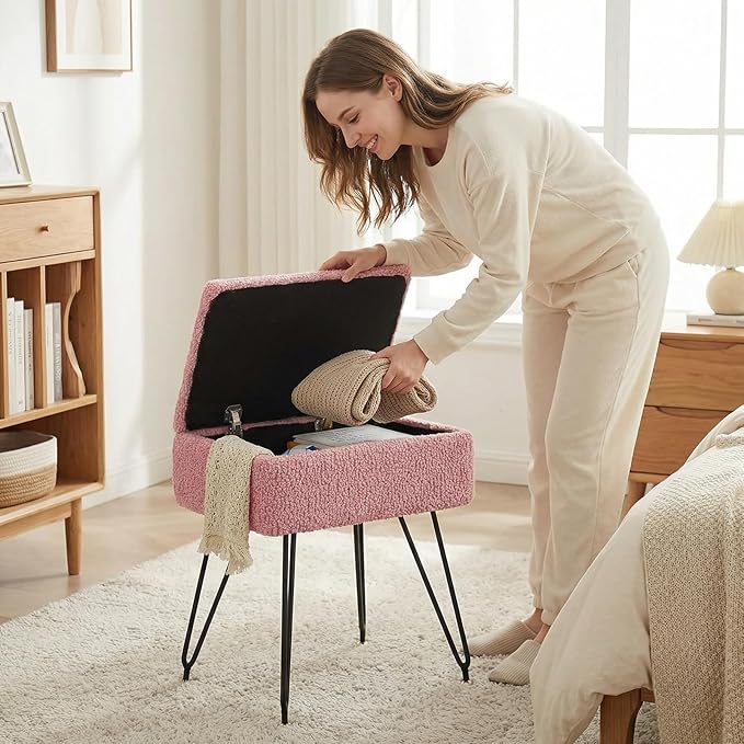 Vanity Stool Chair, Faux Teddy Fur Ottoman Foot Stool with Metal Legs & Adjustable Black Feet, Flip Top Storage Makeup Stool with Soft Padded Seat, Foot Rest for Makeup Room Bedroom, Pink