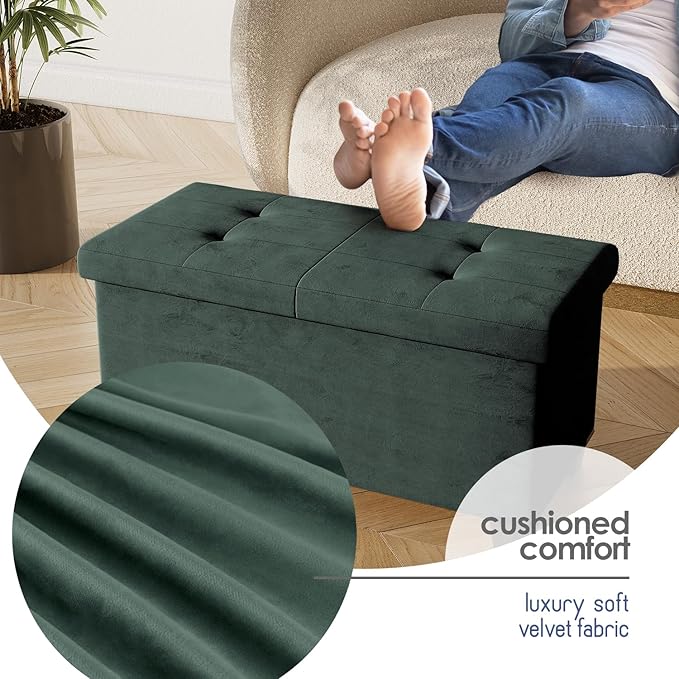 Storage Ottoman Bench with Bins, 30-in Storage Bench for Bedroom End of Bed, Folding Foot Rest Ottoman for Living Room Max 660lbs, Velvet Ottomans, Green