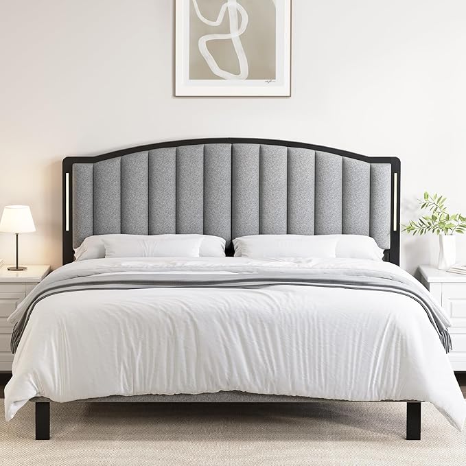 Headboard for Full Size Bed with LED Lights, Upholstered Vertical Channel Tufting Head Boards, Linen Fabric Bed Headboard Only, Attach Frame, Ideal for Bedroom, Dorm, Guest Room, Grey