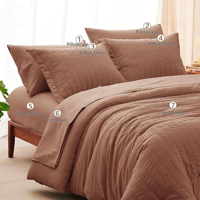 CozyLux Full Size Comforter Sets with Sheets 7 Pieces, Mocha Mousse Seersucker Bed in a Bag Textured Luxury Soft Bedding Set with Down Alternative Comforter, Sheets, Pillowcases & Shams for All Season