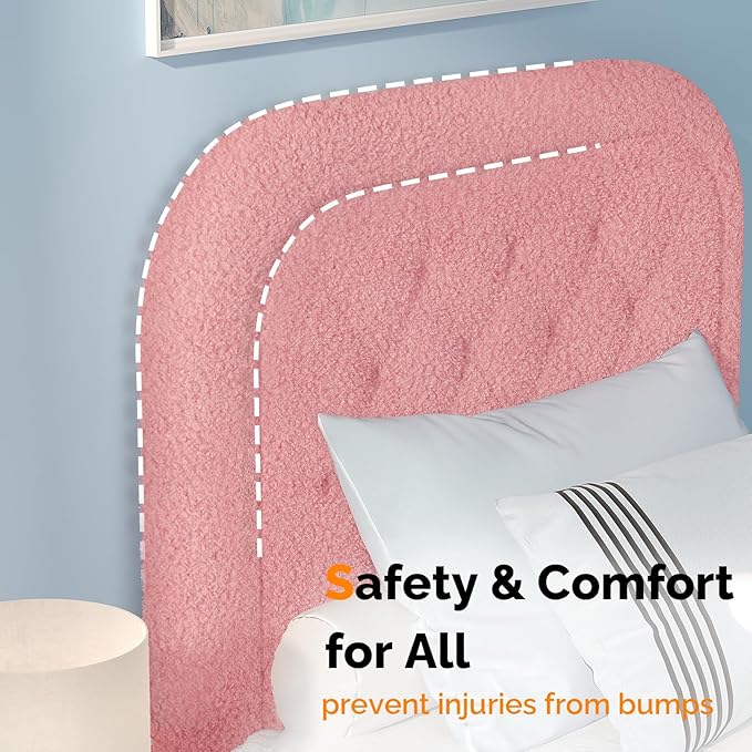 VINGLI Twin Bed with Headboard,Soft Frame Cloud Bed Frame with Sturdy Wood Slats Support,Upholstered Boucle Cream Platform Soft Bed with Rounded Corners,for Kids Teens Adults, Pink