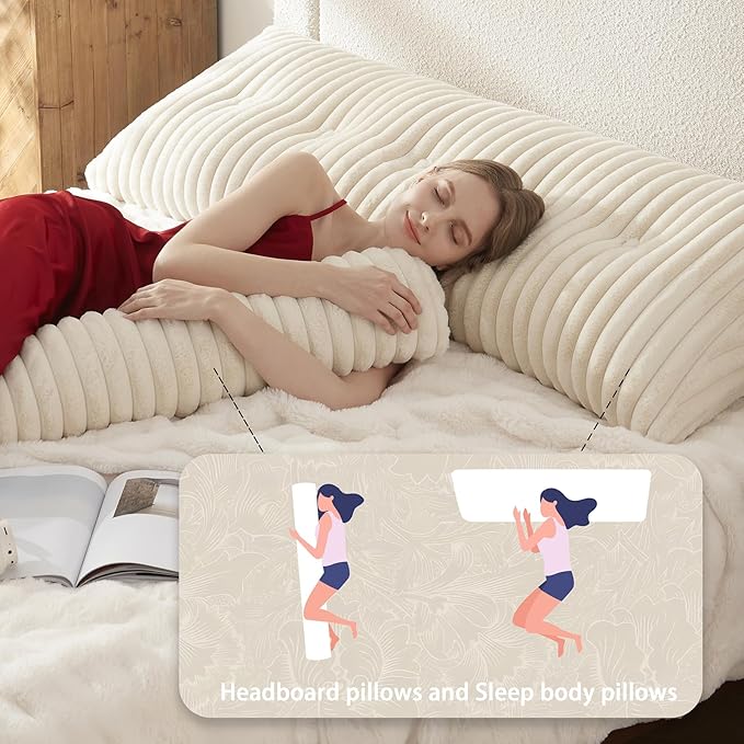 Headboard Pillow + A Long Neck Roll Pillow Body Pillow，Faux Fur Headboard Wedge Pillow with Removable Cover (Beige, Queen：59x8x20 inches)