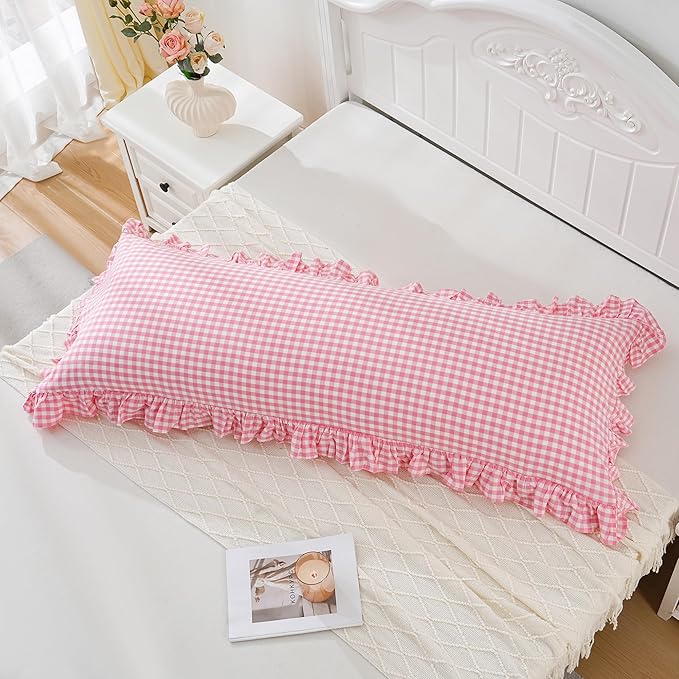 Pink/White Gingham Body Pillow Sham 20x54 inches, 100% Washed Cotton Ruffled Vintage Pillowcase Farmhouse Body Pillow Cover for Bed/Sofa