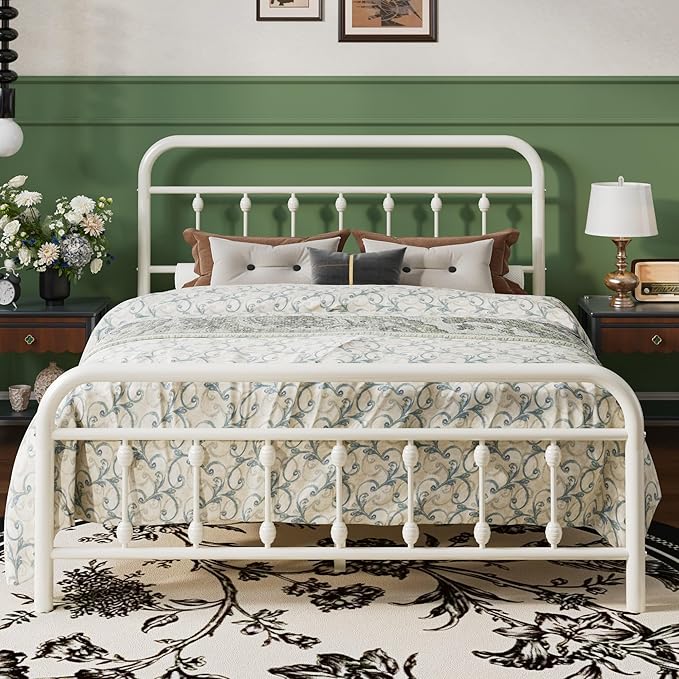 SHA CERLIN Full Size Metal Platform Bed Frame with Victorian Style Iron-Art Headboard and Footboard, Easy Assembly, Under Bed Storage, No Box Spring Required, Off White