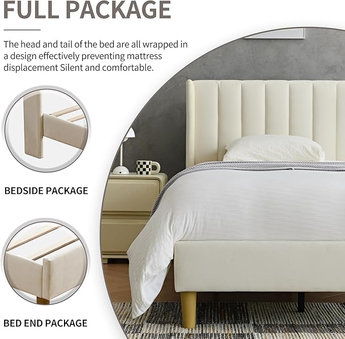 YUHUASHI upholstered Platform Bed Frame/King Bed Frame/Modern Geometric Double-Wing Design headboard/Velvet Fabric/Easy to Assemble no Noise (Cream, King (U.S. Standard))