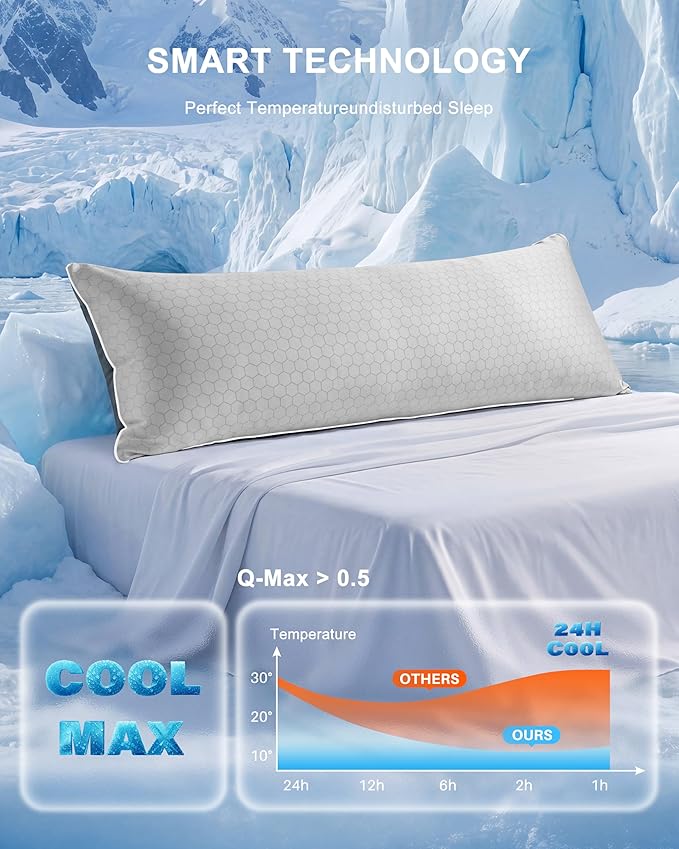 YZ HOME Cooling Body Pillow for Adults, Cold Touch Fabric, Blue Shredded Memory Foam, Support for Side Back Stomach Sleepers, Removable Washable Cover(Grey,20x54 inch)