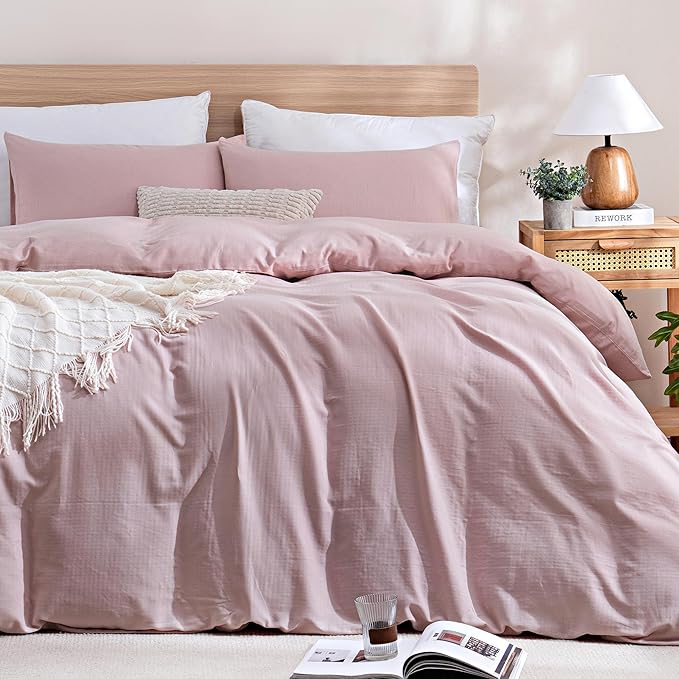 TOCOMOA Muslin Duvet Cover 100% Cotton Like Linen Texture Breathable Soft Comfy 3-Piece Pink Comforter Cover Bedding Set (King 104"x90", Comforter Not Included)