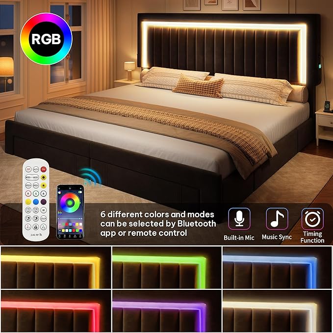 YITAHOME King Size Bed Frame with Velvet Vertical Tufted Upholstered Adjustable Headboard, 4 Storage Drawers, RGB LED Lights and USB Ports, No Box Spring Needed, Fast Assembly, Noise-Free, Black