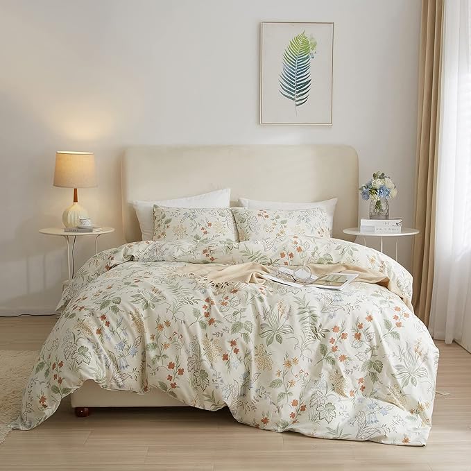 mixinni White Duvet Cover Set with Green Leaves Twin Size 100% Cotton Flower Printed Bedding Set 1 Duvet Cover 2 Pillowcases for Teen Girls, Ultra Soft, Breathable, Comfortable(3pcs, Twin Size)