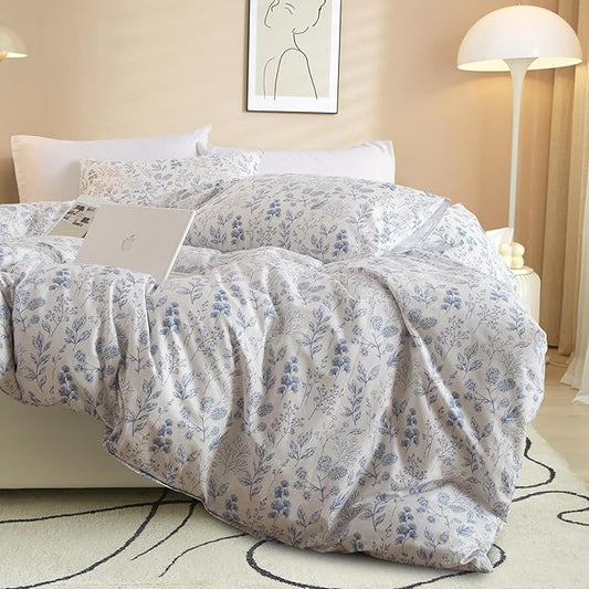 VM VOUGEMARKET 3 Pieces Blue White Duvet Cover Queen Floral Botanical Comforter Cover with Zipper Soft Cotton Cottagecore Bedding Set for Girls Women-90x90 Inch