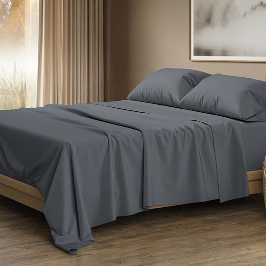 THREAD SPREAD 100% Egyptian Cotton King Size Sheets Set - Luxury 1500 Series Egyptian Cotton Sheets King Size (4 PC, Dark Grey), Silky Soft, Sateen Weave, Cooling & Breathable, 17" Deep Pocket Bed Set