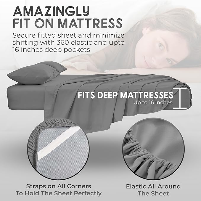 Split Top Queen Sheets for Adjustable Bed, 4-Pcs 36'' Flat, 1 Fitted Sheet & 2 Pillowcase – 16 Inch Deep Pocket, Ultra Soft, Wrinkle-Free Top Split Queen Sheets Set (Dark Grey)