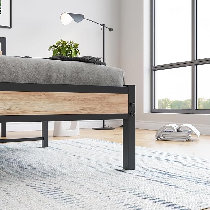 HOJINLINERO Twin Bed Frames with Wood Headboard,Metal Twin Platform Bed Frame No Box Spring Needed,Heavy Duty Steel Slats,No Noise,Black and Teak Oak