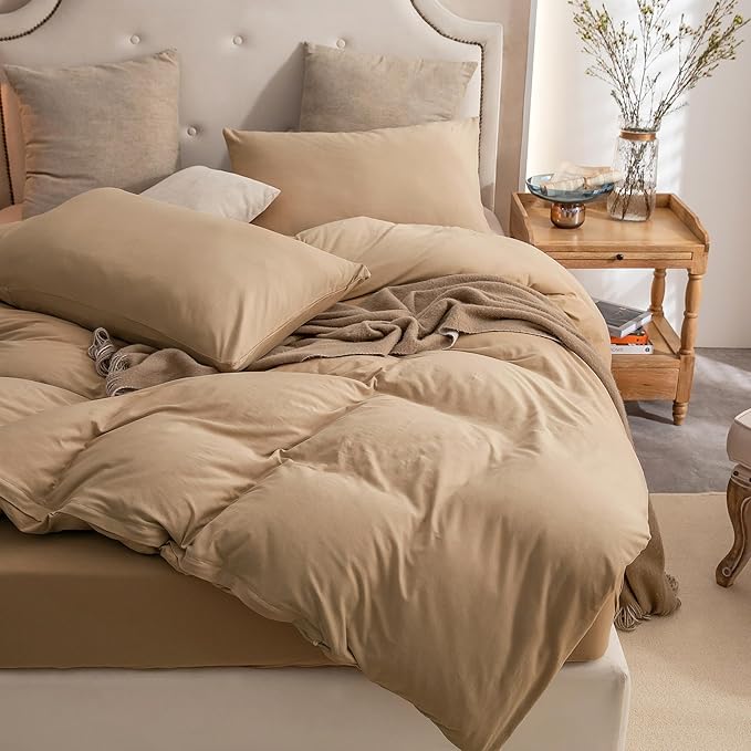 PURE ERA Jersey Knit Duvet Cover Set 100% T-Shirt Cotton Super Soft Comfy 3pc Bedding Set with Zipper Closure (Solid Toffee Brown, King)