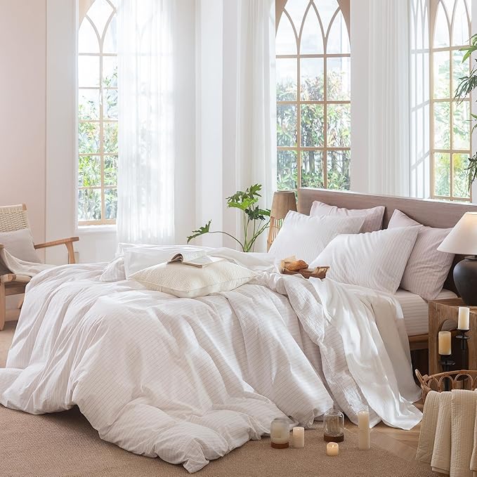 MooMee Striped Duvet Cover Set 100% Washed Cotton Linen Like Textured Breathable Durable Soft Comfy (White Heathered Greyish Pink Wide Stripes, Palatial King/Oversized King 120"x98")
