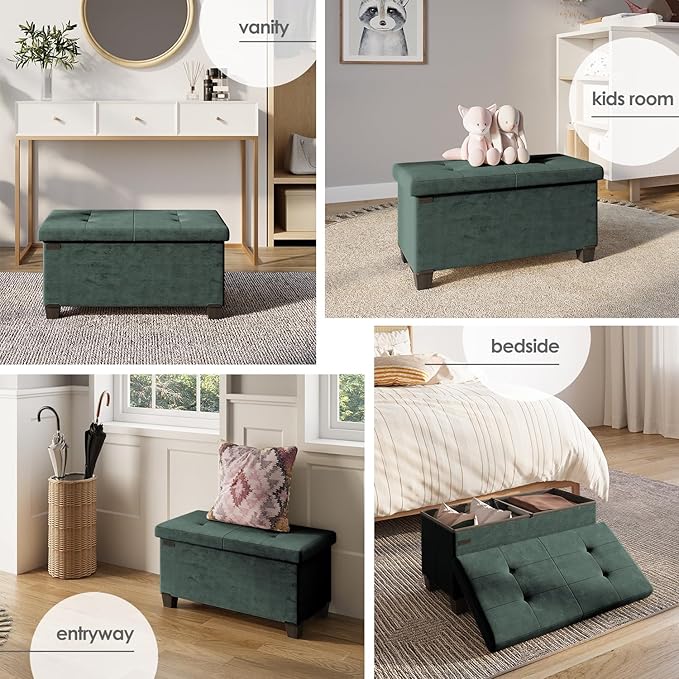 Storage Ottoman Bench with Bins, 30-in Storage Bench for Bedroom End of Bed, Folding Foot Rest Ottoman for Living Room Max 660lbs, Velvet Ottomans, Green