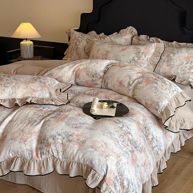VM VOUGEMARKET Cotton Muslin Duvet Cover Queen Vintage Floral Duvet Cover with Ruffles Soft Linen Like Gauze Comforter Cover with Zip Closure and Corner Ties- 90"x90"