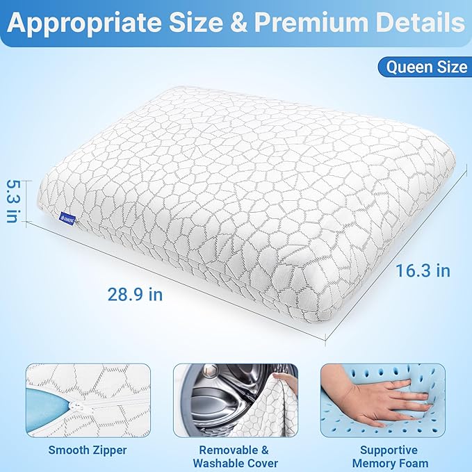 Memory Foam Pillows, Bed Pillow, Bed Pillow for Side, Back and Stomach Sleepers, Neck Pillow for Sleeping with Removable and Machine Washable Cover, Queen Size (1 Pack)