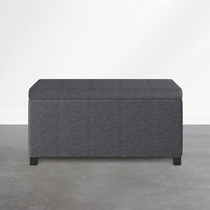 SIMPLIHOME Dover Storage Ottoman Bench - 36 inch Wide Upholstered Linen Look Fabric Rectangle Storage Ottoman Bench in Flint Grey, Contemporary Ottoman for Living Room or Entryway with Lift-Up Lid