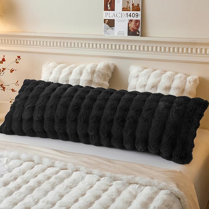 LIFEREVO Fluffy Faux Rabbit Fur Body Pillow Cover, Luxury Bubble Waffle Shaggy Plush Bed Body Pillowcase with Zipper Closure, Long 20"x54" Fuzzy Furry Pillow Case for Adults Kids Girls Teens, Black