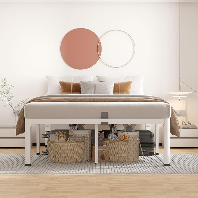ROIL 20 Inch White Queen Bed Frame with Rounded Corner and Headboard Hole Mattress Retainers, 3500LBS Heavy Duty Steel Slats No Box Spring Needed Platform Noise-Free Easy Assembly