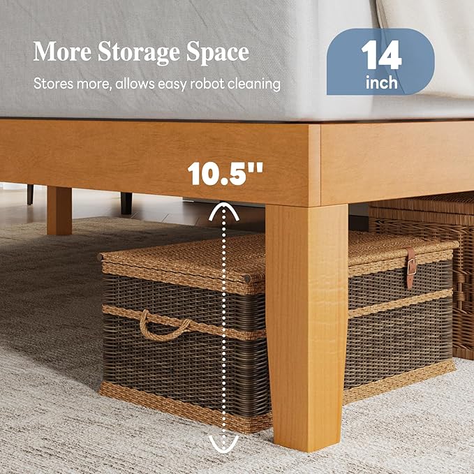 DUMOS 14 Inches Queen Size Wood Platform Bed Frame, Solid Wooden Mattress Foundation with Heavy Duty Wood Slat Support, Sturdy, No Box Spring Needed, Natural Pine