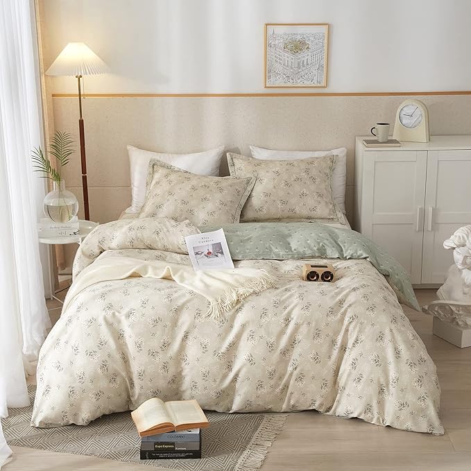 VM VOUGEMARKET Floral Bedding Twin Reversible Gray Beige Flower Duvet Cover Set,Cottagecore Duvet Cover Matching 2 Pillowcases 100% Cotton Chic Girls Bedding Set -Twin(68"x86")