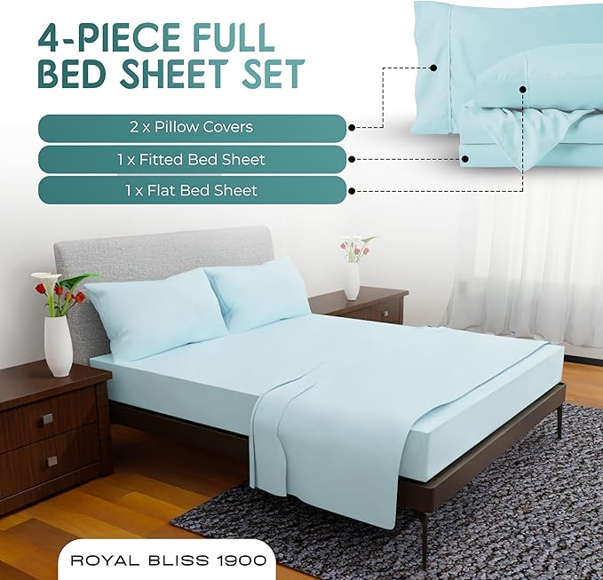 Full Size Bed Sheets – 4Pcs Bed Sheets Full Size Set, Deep Pocket, Double Brushed Microfiber, Fade Resistant, Soft & Breathable for Cozy and Comfortable Sleep(Aqua)