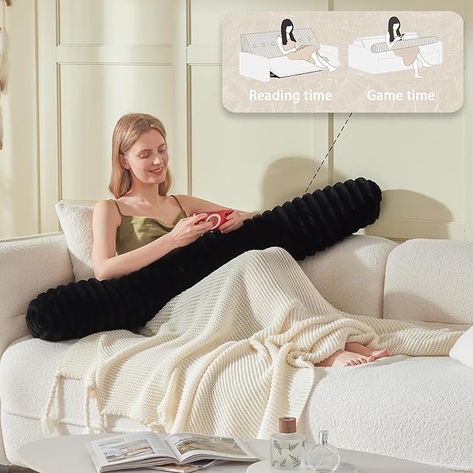 Headboard Pillow + A Long Neck Roll Pillow Body Pillow，Faux Fur Headboard Wedge Pillow with Removable Cover (Black, Full：54x8x20 inches)