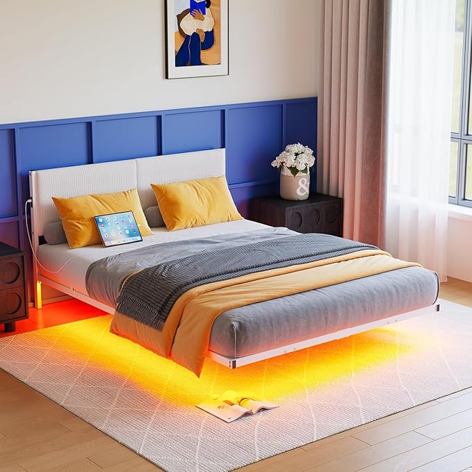 Full Size Bed Frame,Floating Bed Frame Full Size with Headboard,Upholstered Metal Platform Bed with LED Lights & Charging Station,Heavy Duty Steel Slats,No Box Spring Needed,No Noise,White Bed Frame