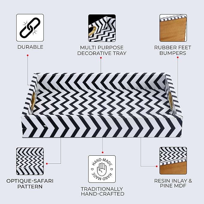 Handicrafts Home Black and White Decorative Tray 17x11, Handcrafted Resin Inlay Optique Safari Ottoman Coffee Table Tray for Living Room Decor Serving Tray for Entertaining, Modern Boho Farmhouse