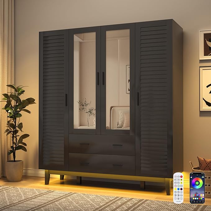 jiteentarou 4 Door Armoire Wardrobe Closet Cabinet with Drawers and LED Lights, Multi-Tier Shelves, Hanging Rod & Louver Doors, Large Capacity Storage Wardrobe Armoire for Bedroom(4 Doors Black)