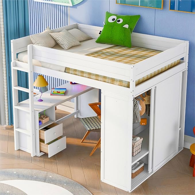 Modern Full Size Loft Bed with Wardrobes and 2-Drawer Desk with Cabinet,Multifunctional Wood Loft Bed for Bedroom,No Box Spring Required (White#Wardrobes, Full)