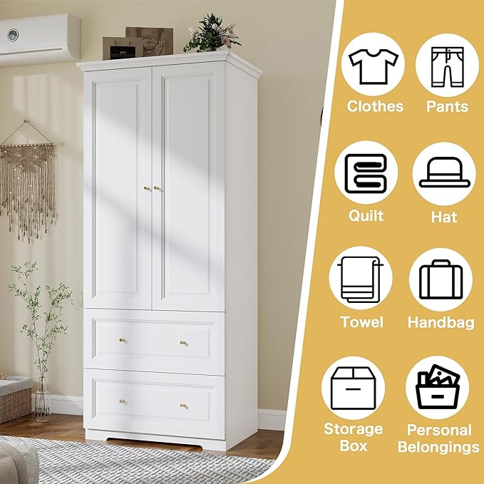 White Wardrobe with 2 Drawers: 74" Wooden Wardrobe Closet for Hanging Clothes, Tall Armoire Closet with 2 Doors, Bedroom Armoires with Hanging Rod (32")