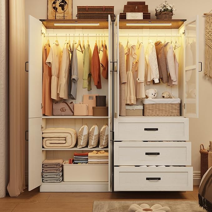 75" Tall Farmhouse 4 Doors Armoire Wardrobe Closet with 3 Drawers and LED,Freestanding Closet Wardrobe Cabinet for Bedroom with Hanging Rod,Wooden Armoire Storage Cabinet Adjustable(Rustic Off White)
